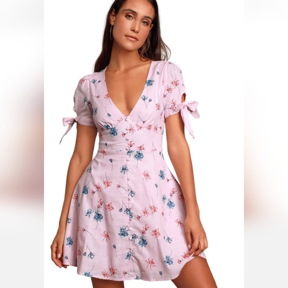 Lulu's pink fit & Flare Dress with blue/Red floral print short tie up sleeves sm